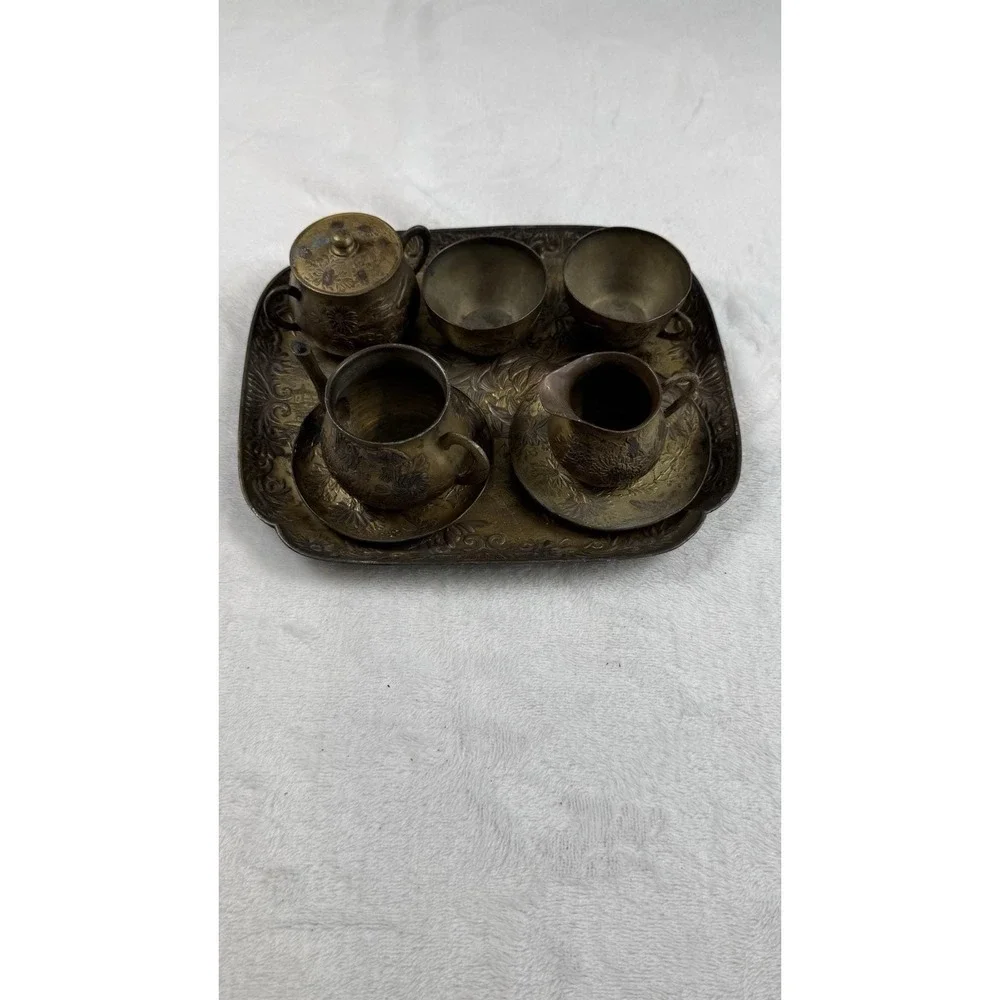 Vintage Japanese Brass Mini Tea Set Tray Teapot Cups Etched Floral Decor